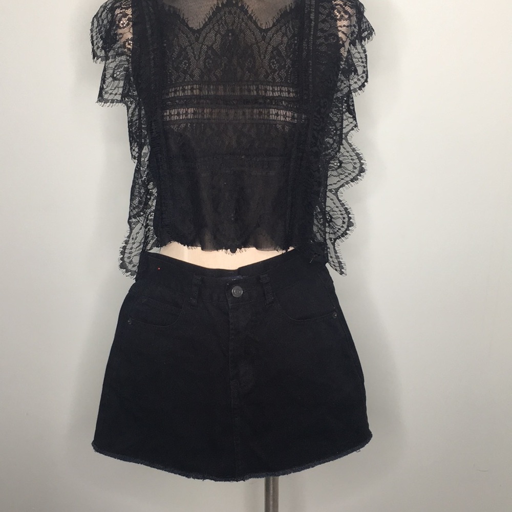 Black denim mini skirt
